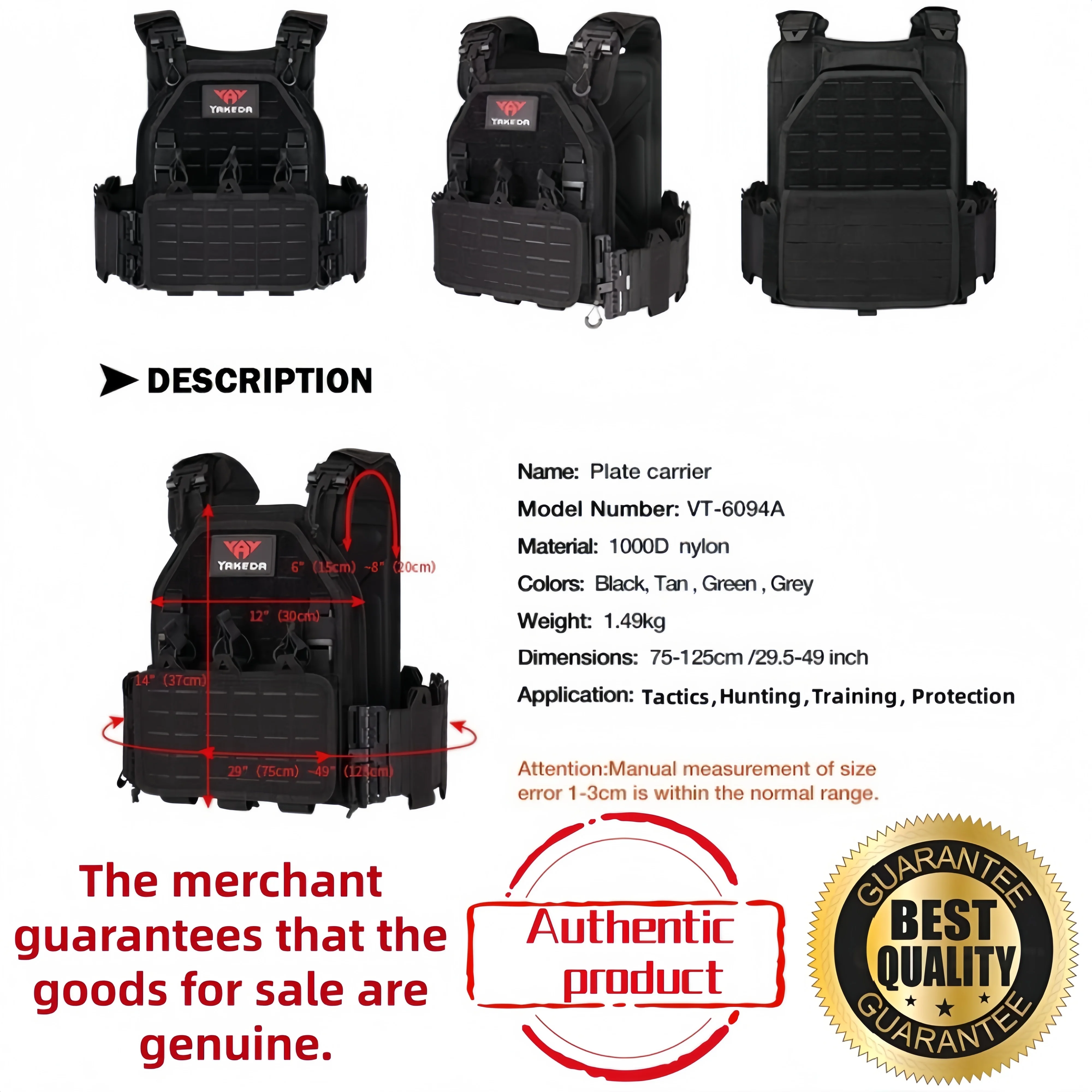 Chaleco táctico YAKEDA 6094, chaleco de transporte de engranaje negro de caza al aire libre con corte láser ligero desmontable rápido de nailon 1000D de alta calidad - imagen 3