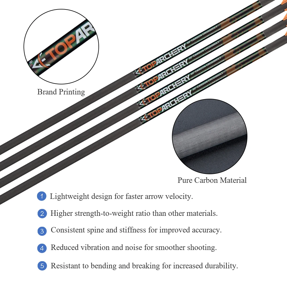 Toparchery-Flecha de carbono puro 100% de 20 pulgadas con asiento de cobre y aluminio, Ballesta de plumas de 2 pulgadas para caza de Tiro con Arco al aire libre - imagen 2