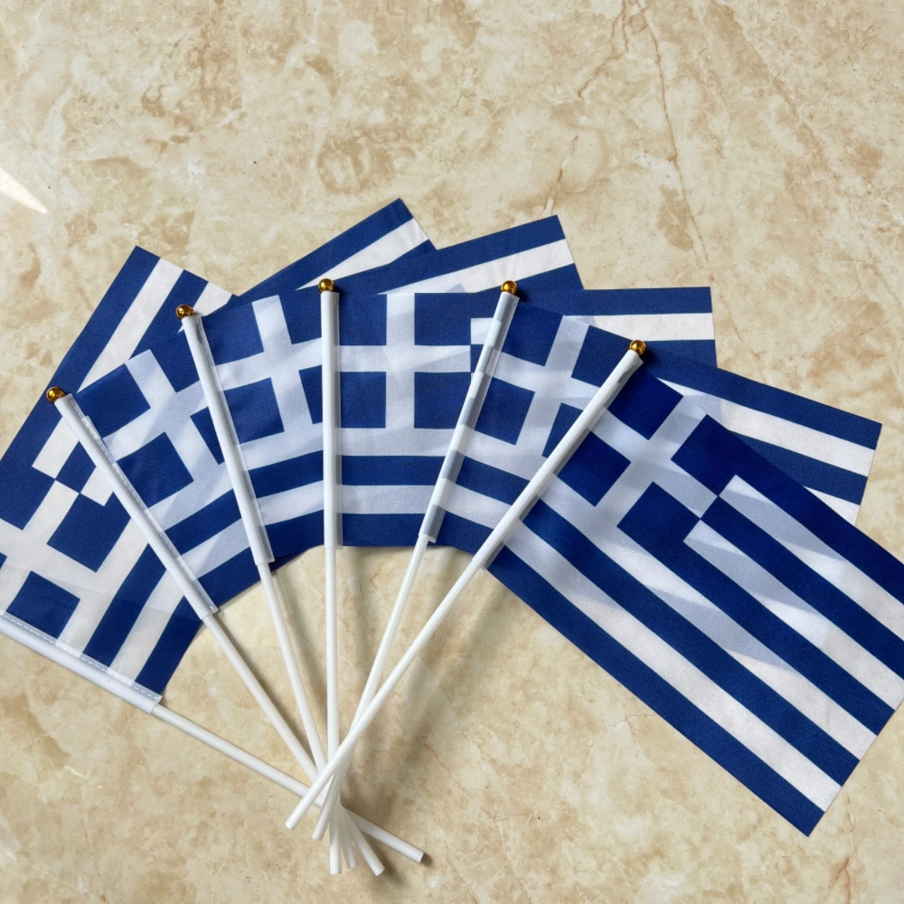 Bandera griega de poliéster, bandera griega, portador de bandera estándar, agitador, mástil de plástico, 14x21 cm
