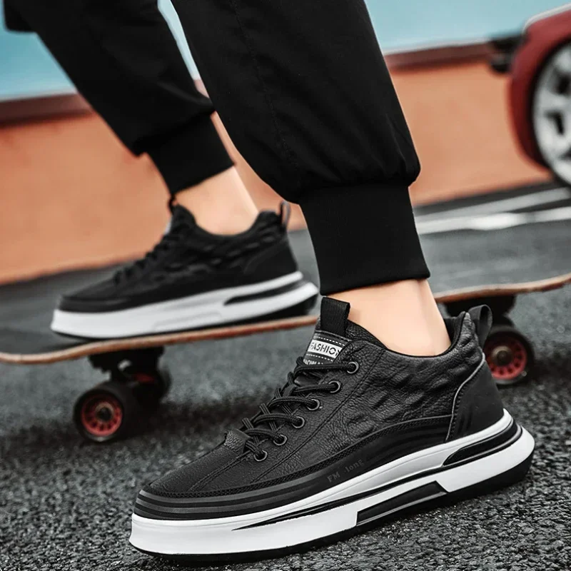 Zapatos Deportivos informales de cuero negro para hombre, zapatillas de deporte a la moda, zapatos de plataforma cómodos para exteriores, Tenis masculinos - imagen 4