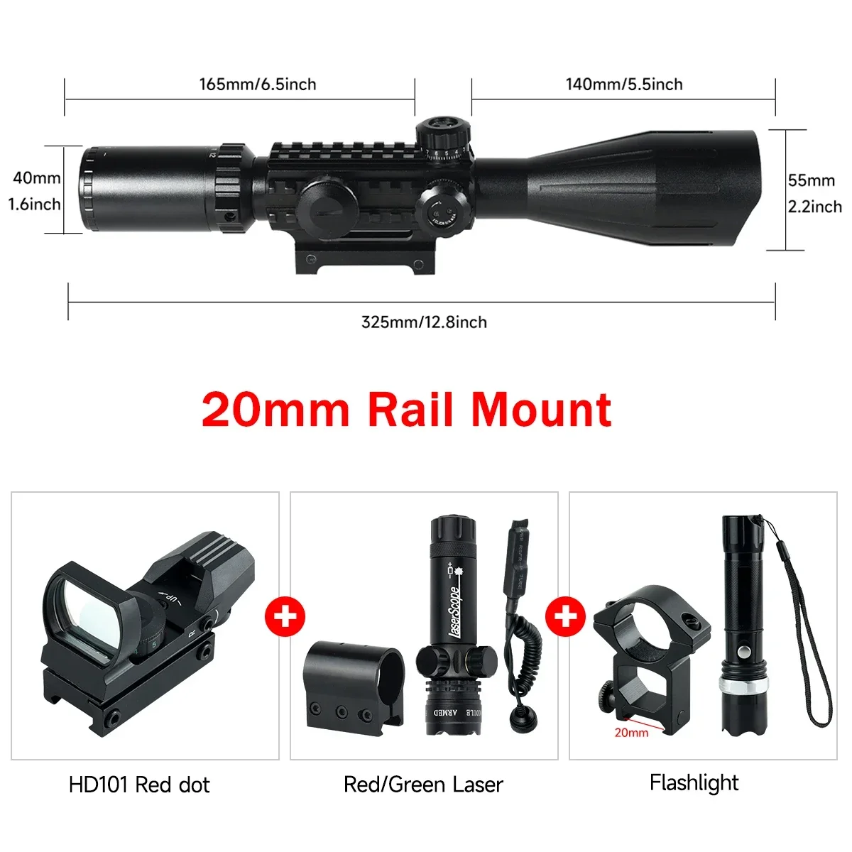 Mira telescópica táctica 4-12X50, mira telescópica de largo alcance con linterna láser, Kit de combinación de puntos rojos, mira óptica para caza - imagen 5