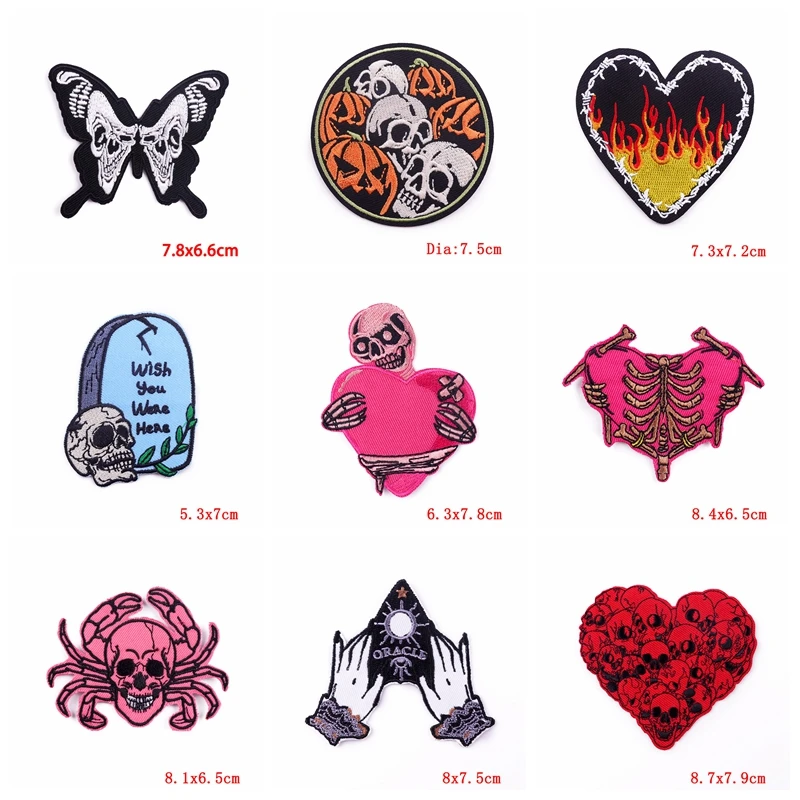 Prajna-parche bordado de calavera de amor, parche Punk de 10 piezas para ropa, parches de calavera de mariposa en la ropa, parches de planchado, pegatina DIY - imagen 5