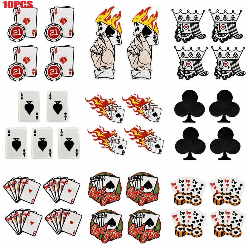 10 unids/lote, venta al por mayor, parches de póker con llamas, sombreros, chaquetas, mochilas, parches bordados, parches para planchar DIY para ropa, insignias de costura - imagen 2