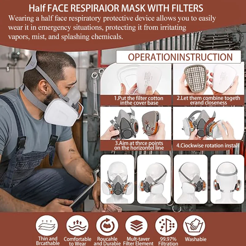 Respirador de gas y polvo 6200 con gafas antivaho para vapor orgánico, pintura en aerosol química y protección de pulido de resina epoxi - imagen 4
