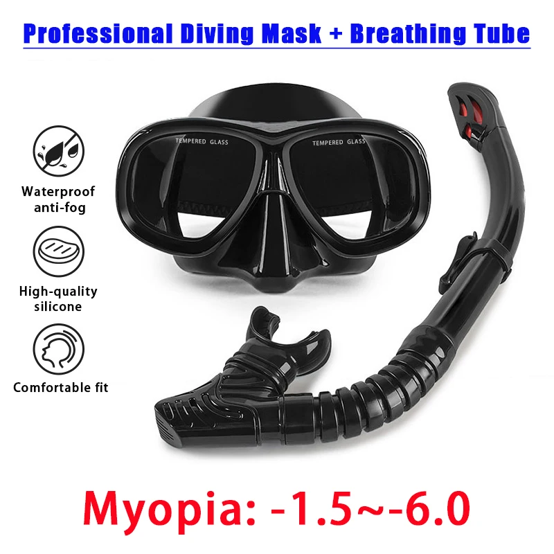 Nueva actualización de máscara de buceo para miopía óptica, juego de snorkel profesional para adultos, antiniebla UV400, gafas de buceo para miopía-150 ° ~-600