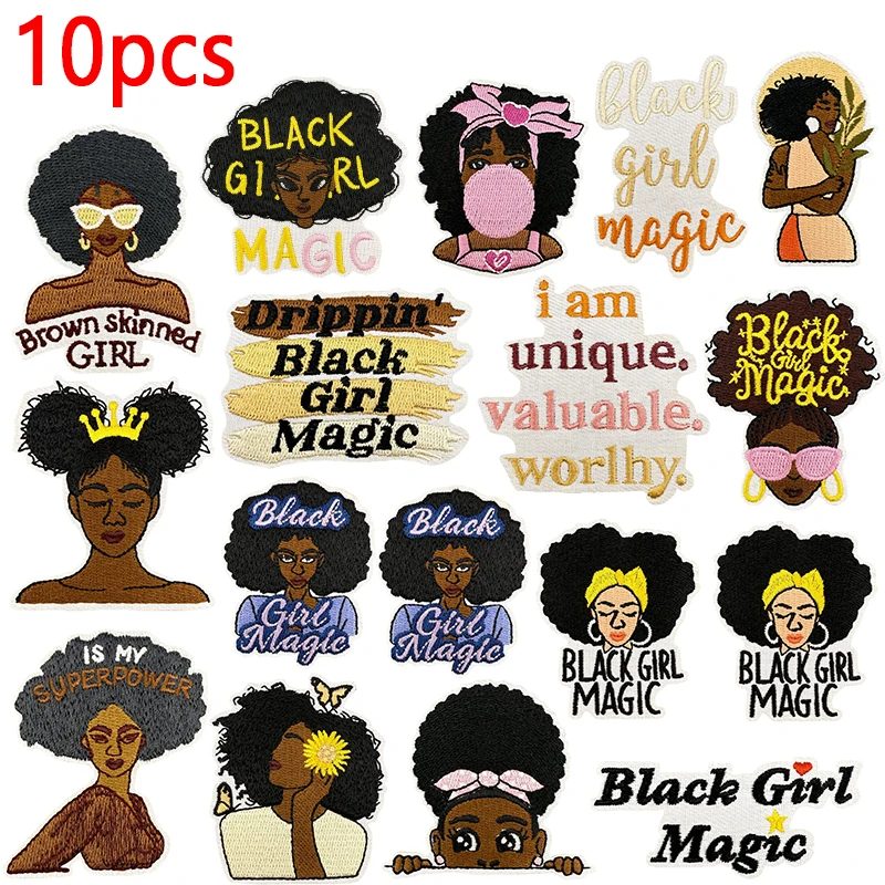 10 unids/lote, parches bordados mágicos de chica negra a la moda, parche con eslogan de letras de dibujos animados, parches para planchar para ropa, chaquetas DIY