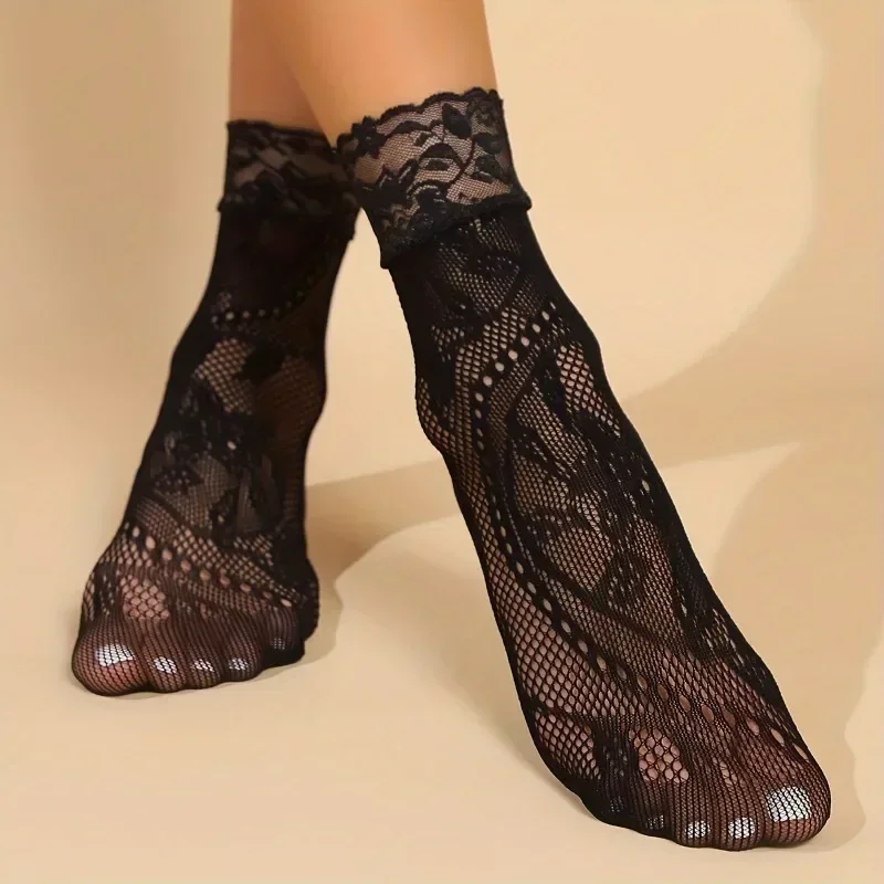 5 pares de calcetines de encaje Floral calcetines cortos finos transpirables malla de verano red de pesca Lolita medias de mujer - imagen 4