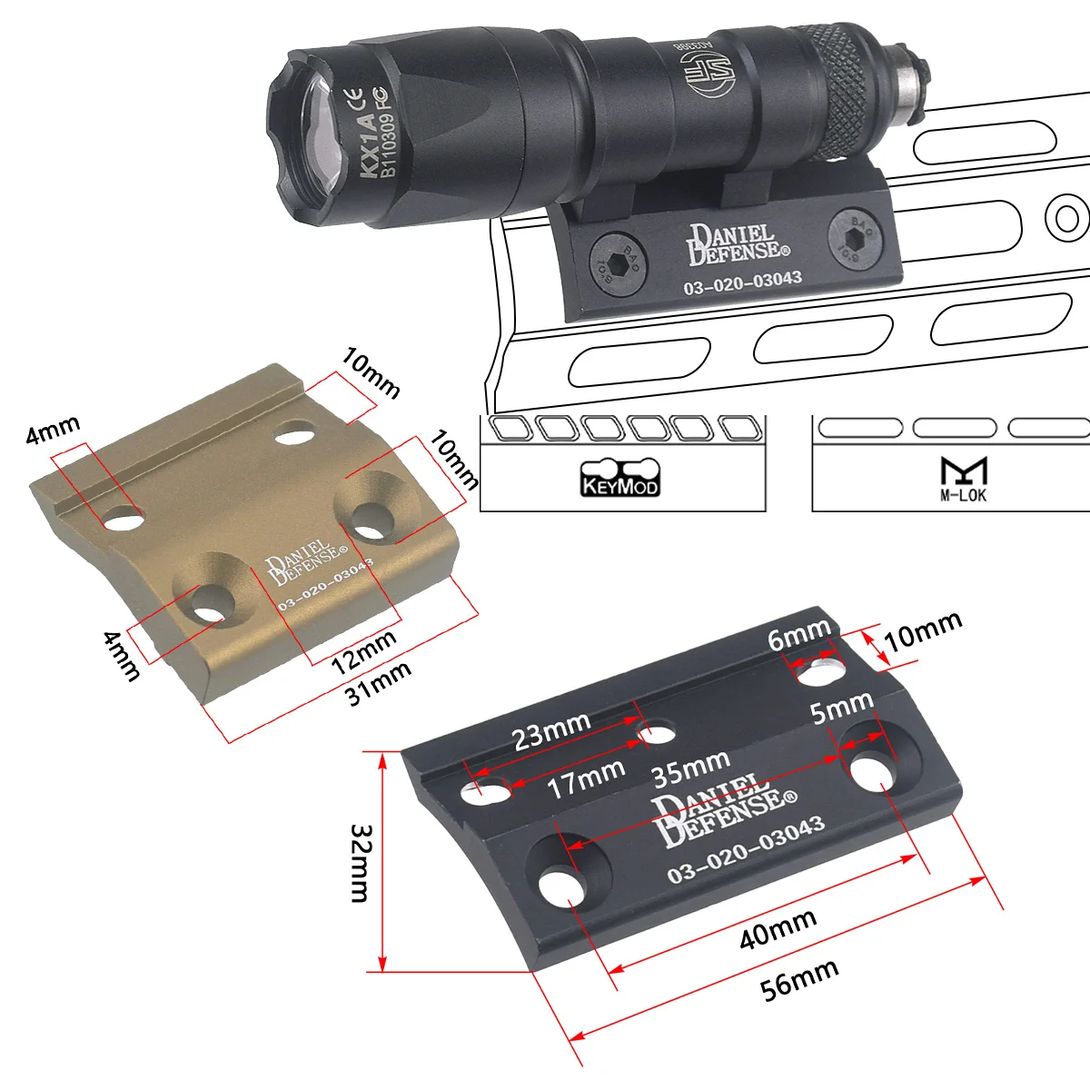 Linterna táctica Surefir M300 M600 de Metal, luz LED blanca, armas, Base de montaje compensada DD compatible con riel Mlok Keymod SMR de 20MM - imagen 3