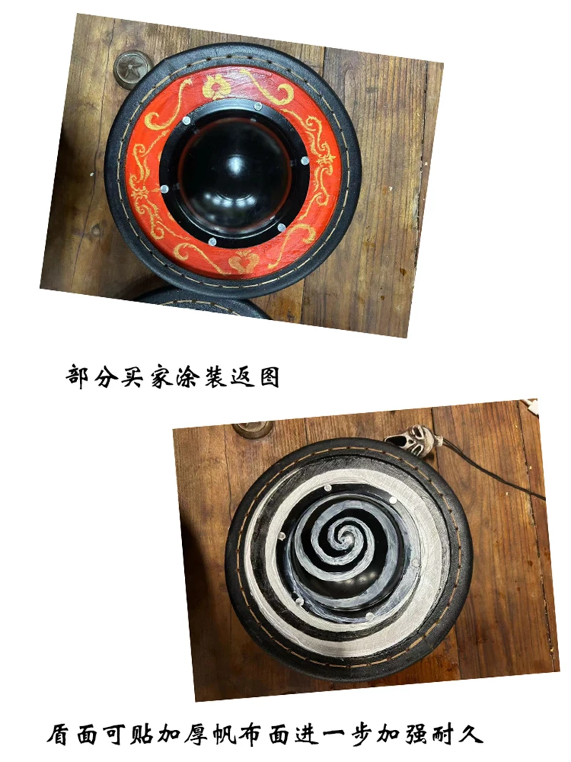 Los soldados HEMA golpean espadas de acero, pequeños escudos redondos, equipo de protección, bordes de escudo de piel de vaca - imagen 2