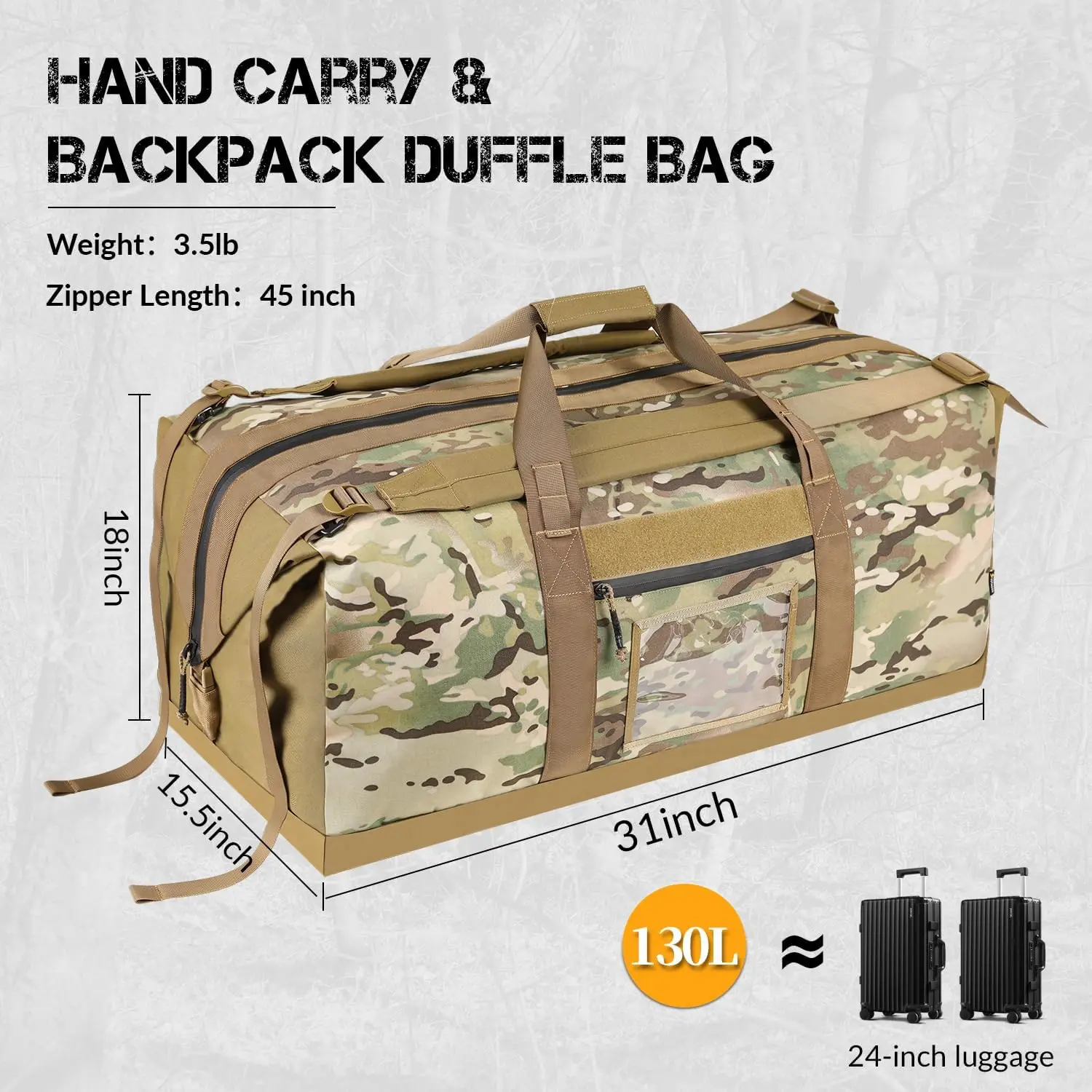 Bolsa de viaje táctica de 130L, mochila militar plegable con apertura de acceso completo, impermeable, de gran capacidad, para acampar al aire libre - imagen 3