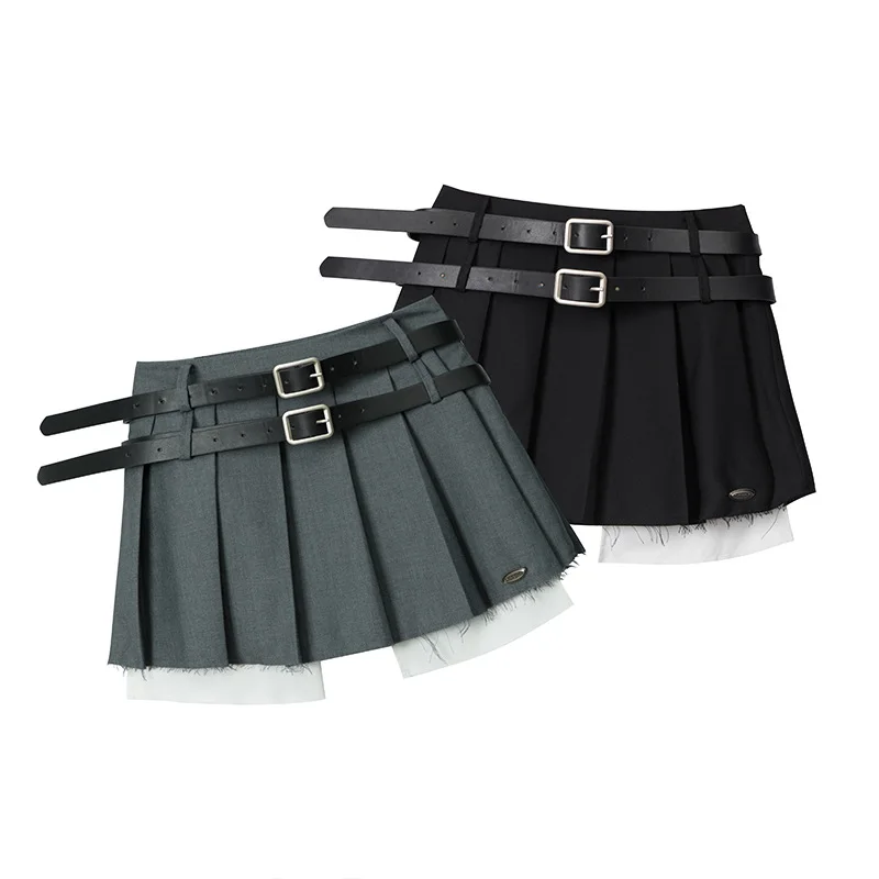 Falda plisada con cinturón doble para mujer, minifalda acampanada de cintura alta, informal, de alta calidad, ropa de calle Vintage - imagen 4