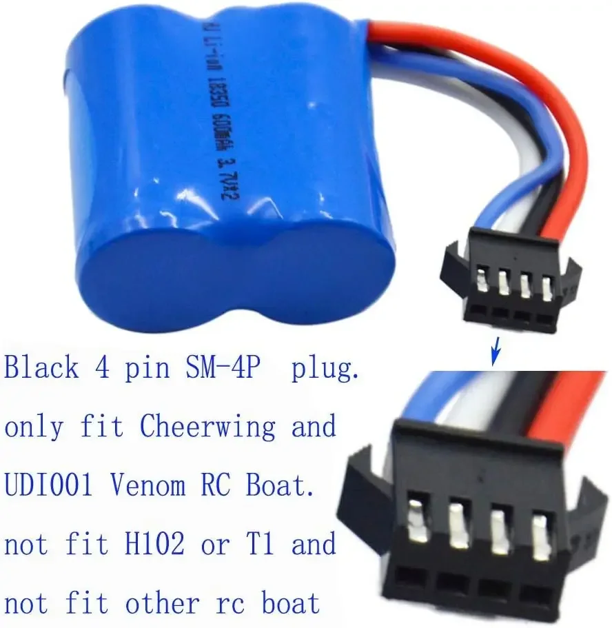 Batería de iones de litio de 7,4 V, 600mAh, 15C, con enchufe delantero de SM-4P, para UDI008 UD08 UDI001 H100 H102, barco de Control remoto de velocidad Venom - imagen 3