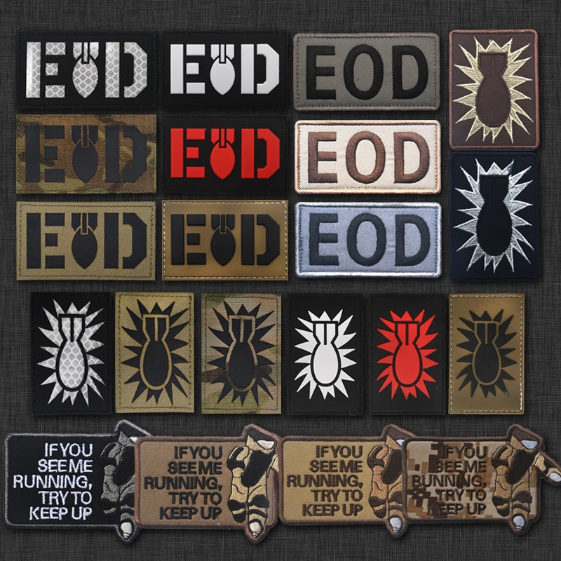 Accesorios para bolsas al aire libre, bordado con patrón inglés EOD + brazalete reflectante de PVC, mochila morale, parche de gancho y bucle