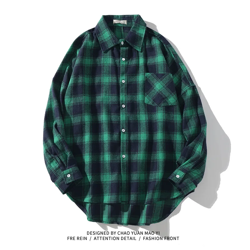 Camisa holgada a cuadros Vintage para hombre y mujer, camisas informales de manga larga de alta calidad, ropa de calle para parejas - imagen 5