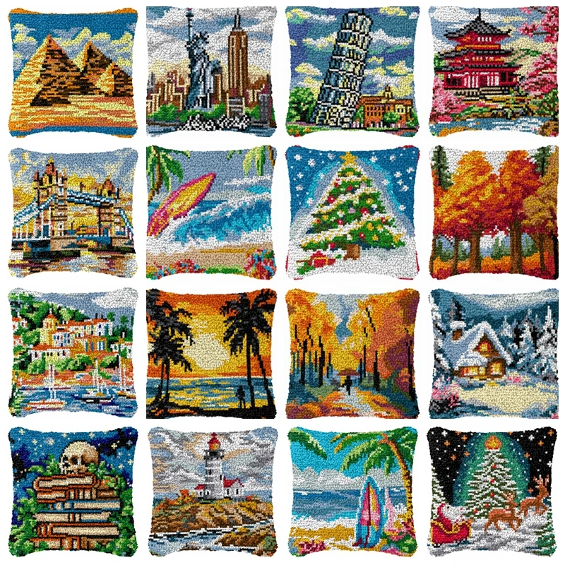Juego de ganchos de pestillo de serie de paisaje al aire libre, Kit de gancho de pestillo bordado, gancho de pestillo de pintura, paquete de almohadilla de botón de almohada hecho a mano DIY