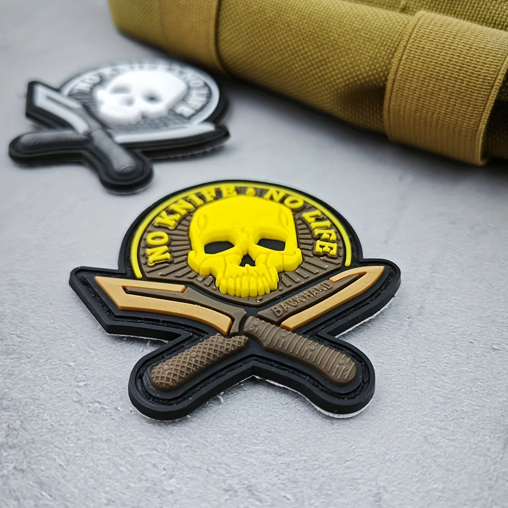 Parches Velcro Mochila TáCticos De Bordados Parche de velcro de goma de PVC suave 3D "Sin cuchillo, No Life", moral con cierre de gancho y bucle para chaleco de mochila Molle táctico militar