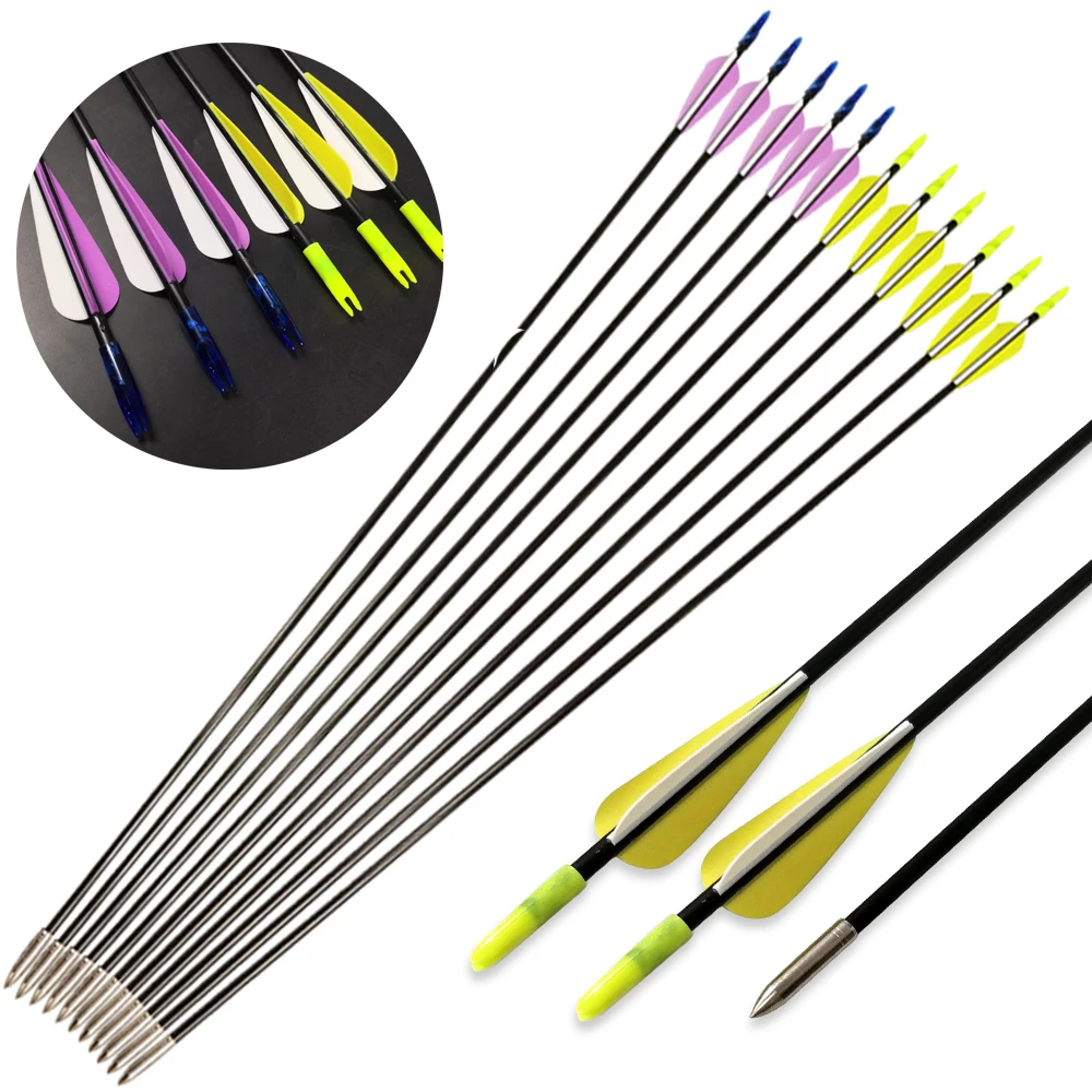 6/12 Uds tiro con arco caza flechas de fibra de vidrio diámetro 6mm 3 pulgadas gota de agua flecha de goma Fletching alrededor de 30 pulgadas flecha eje arco Acc