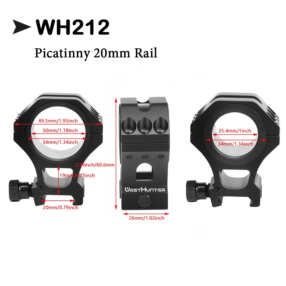 WESTHUNTER-monturas de alcance de caza de 34MM/30MM/25,4 MM, monturas de alto perfil Picatinny/cola de milano, anillos de Base de rifle mecanizados completamente CNC - imagen 4