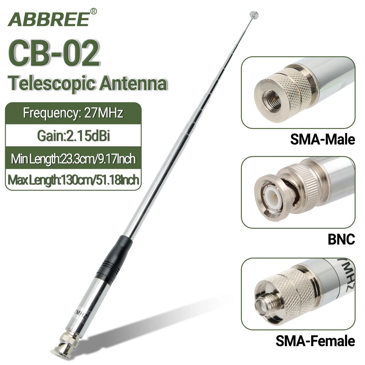 ABBREE 27MHz SMA-hembra/SMA-macho/BNC antena telescópica portátil CB para Quansheng UV-K5 UV-K5(8) baofeng UV-K61 Walkie Talkie