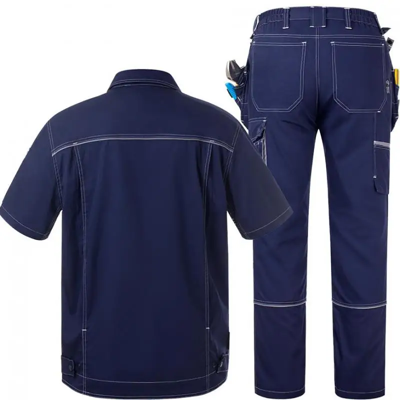 2025 Monos de verano para hombre, traje fino de algodón puro de manga corta, transpirable, rejilla nacional, soldador de verano, traje de trabajo personalizado, ropa de trabajo - imagen 3