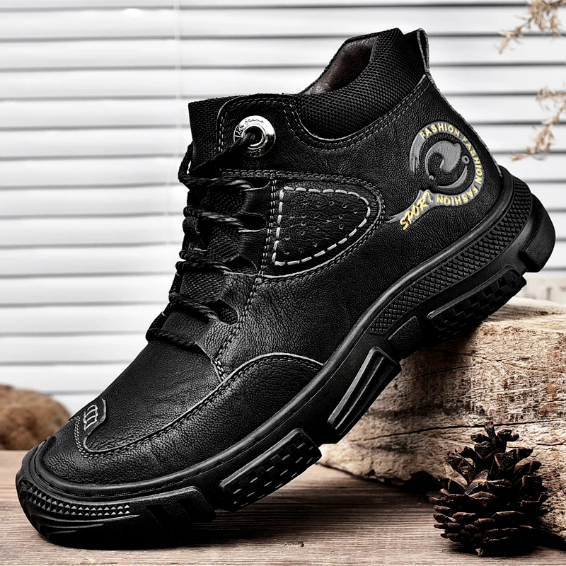 HIKEUP-zapatos para caminar para hombre, calzado de senderismo al aire libre, de alta calidad, cálidos, informales, de cuero, botas militares tácticas con cordones, antideslizantes - imagen 3