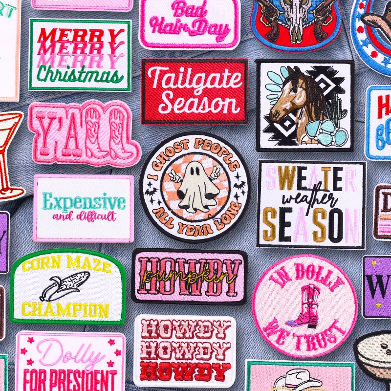 Sombreros, chaquetas, pantalones vaqueros bordados, costura DIY, vaqueros occidentales/lema de letras, parches para planchar para ropa, parches termoadhesivos