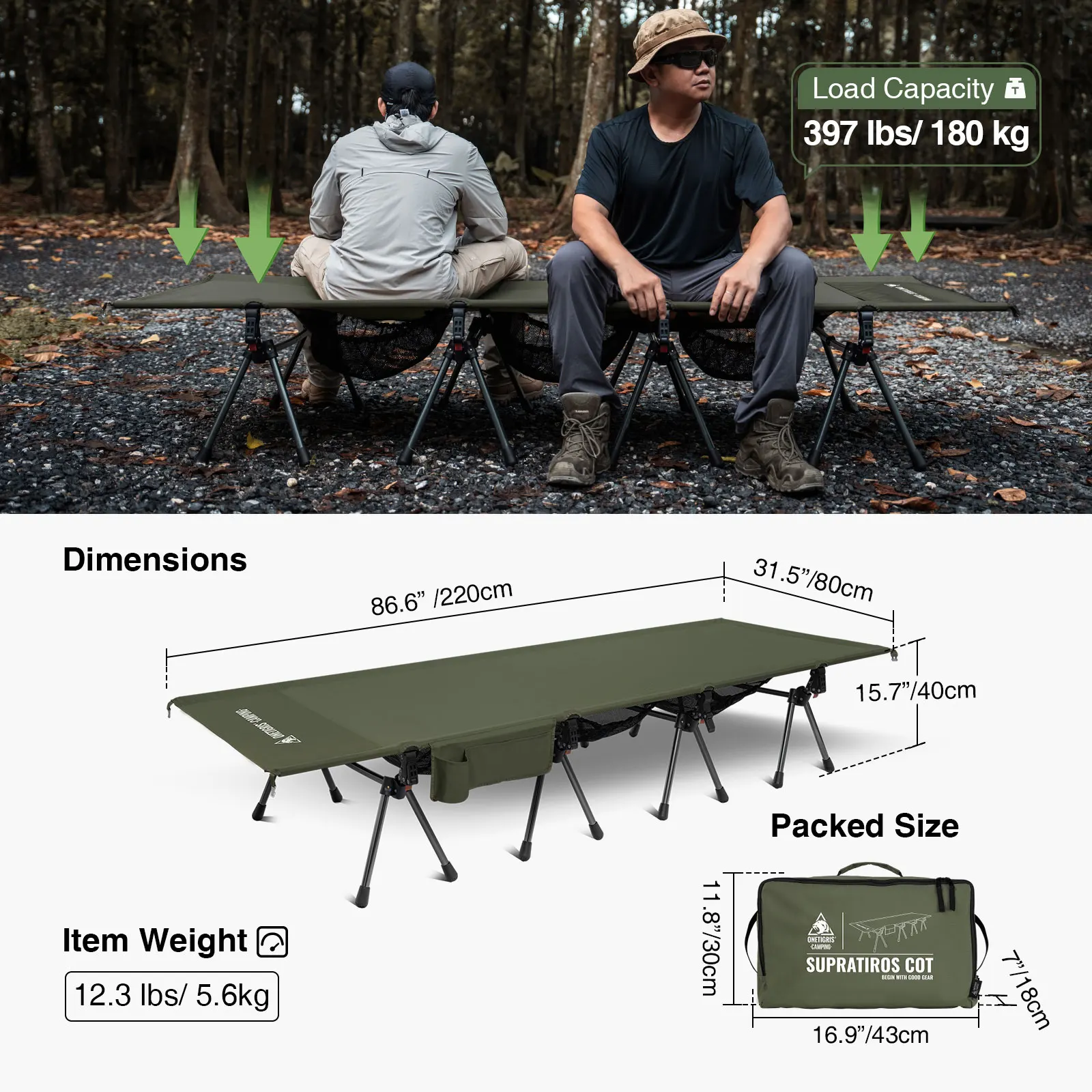 OneTigris cama plegable camping SUPRATIROS XXL ajustable en altura - imagen 2