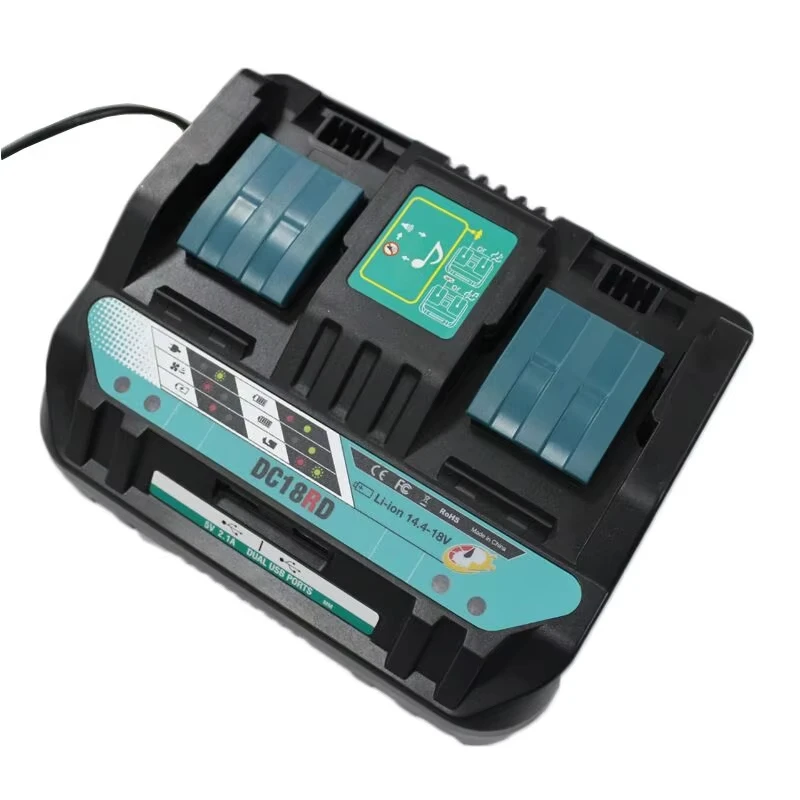 Cargador de batería de puertos duales 18V DC18RD para Makita 14,4 V 18V BL1830 Bl1430 DC18RC DC18RA herramienta eléctrica carga rápida - imagen 2