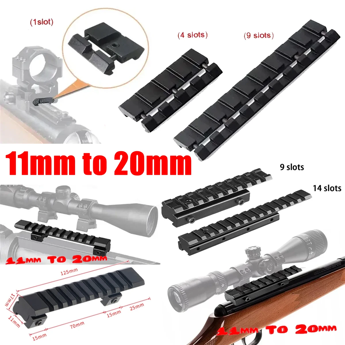 Soportes para Rifle tácticos de 25mm, 45mm, 95mm, 125mm de longitud, 9/14 ranuras, 11mm a 20mm, alcance Picatinny, Base de montaje adaptadora de riel de cola de milano - imagen 2