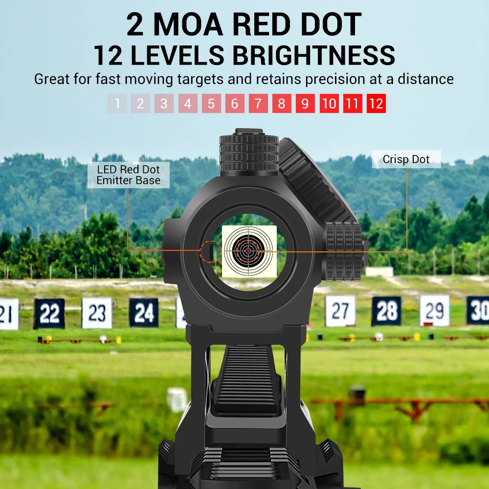 Mira de punto rojo de 1x20mm, 2 MOA Shake Awake, mira de punto rojo, colimador óptico de caza, mira réflex con soporte elevador para riel de 20mm - imagen 2