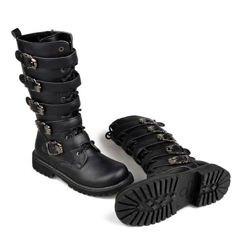 Botas de moto de invierno para hombre, zapatos Punk Rock Punk a media pantorrilla a la moda, botas informales altas de cuero PU negras para hombre 2024 - imagen 5