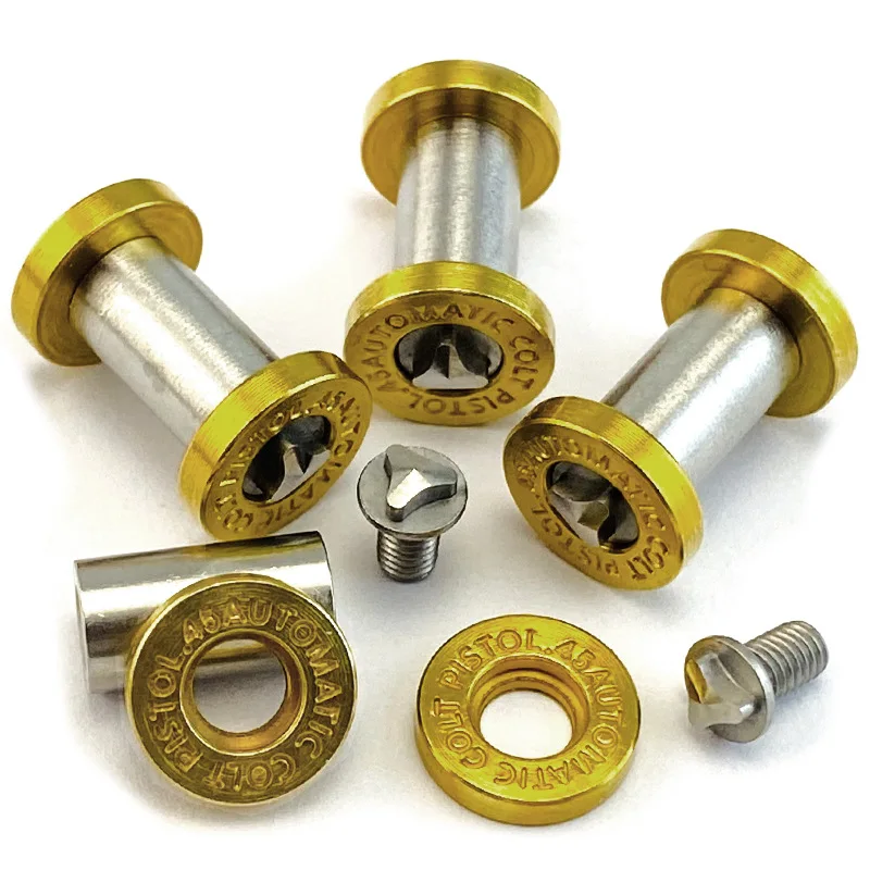 12 set/lote patrón de imprimación de latón. 45 logotipo automático mango de cuchillo M4 par tornillos de bloqueo husillo de sujeción perno de clavo Bottm fuego - imagen 3