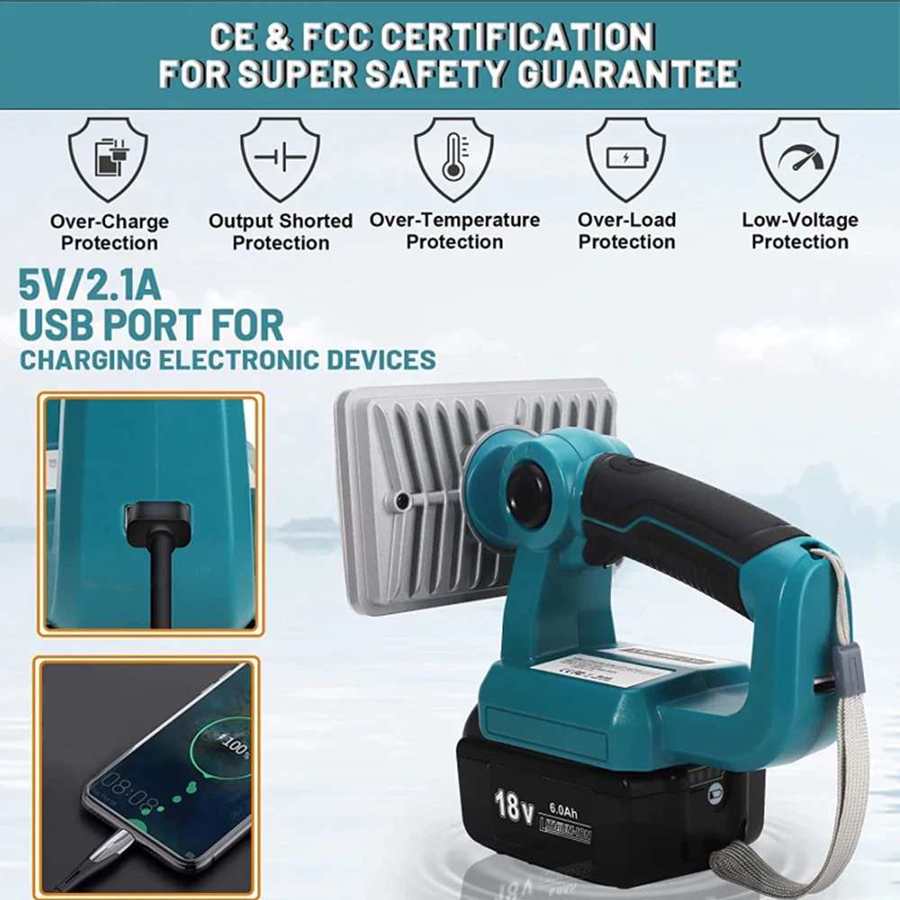 Lámpara LED de trabajo de 18V, linterna para exteriores, foco de luz para Makita BL1430 BL1830, batería de litio, iluminación para exteriores con USB - imagen 3