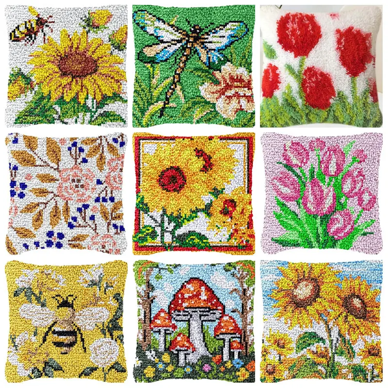 Kit de bordado hecho a mano DIY de almohada con gancho de pestillo de girasol para niños y bordado de punto para el hogar