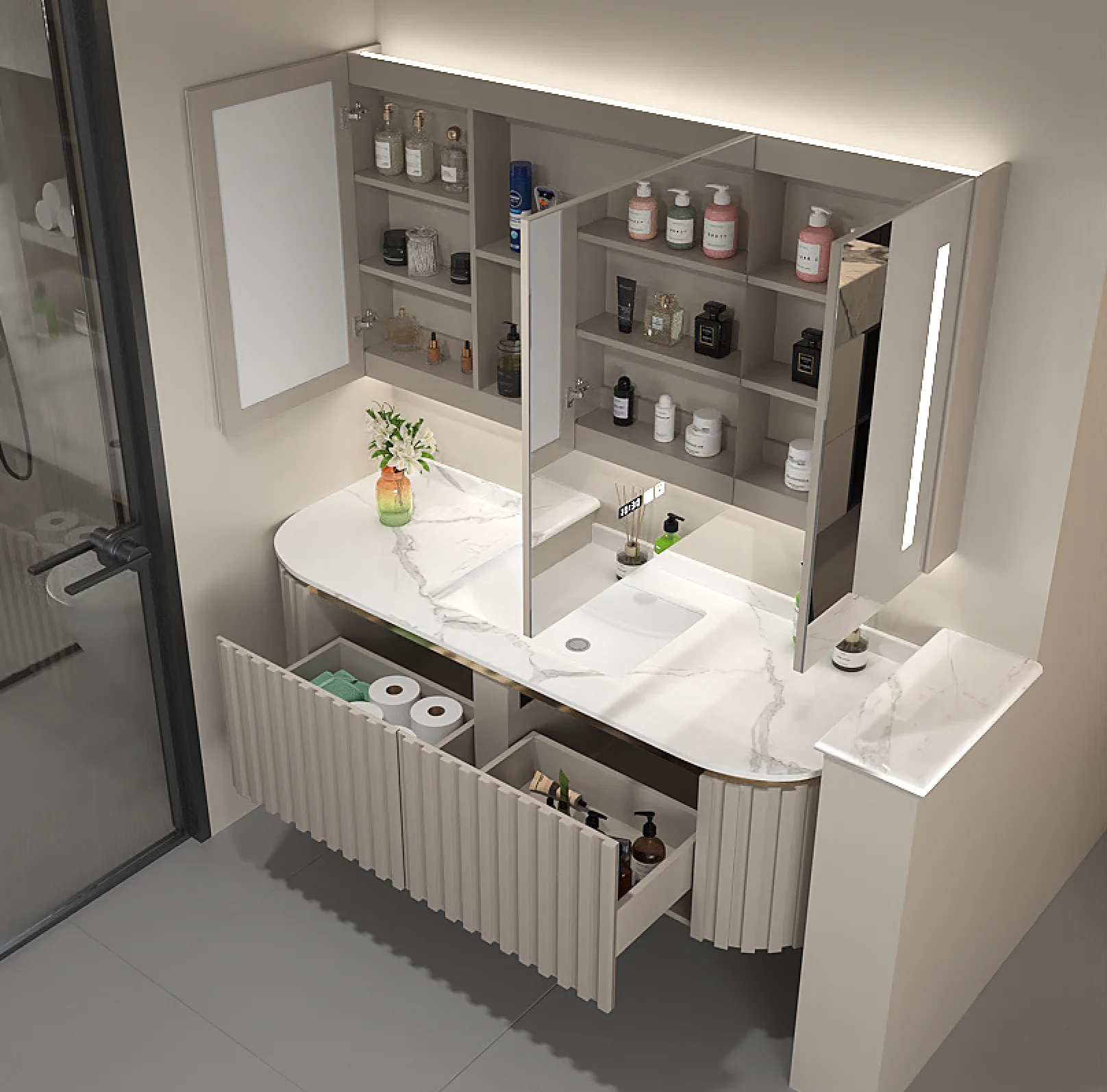 Gabinetes de baño modernos personalizados de estilo japonés con paneles de viento y roca combinados con madera maciza de lujo ligera - imagen 4