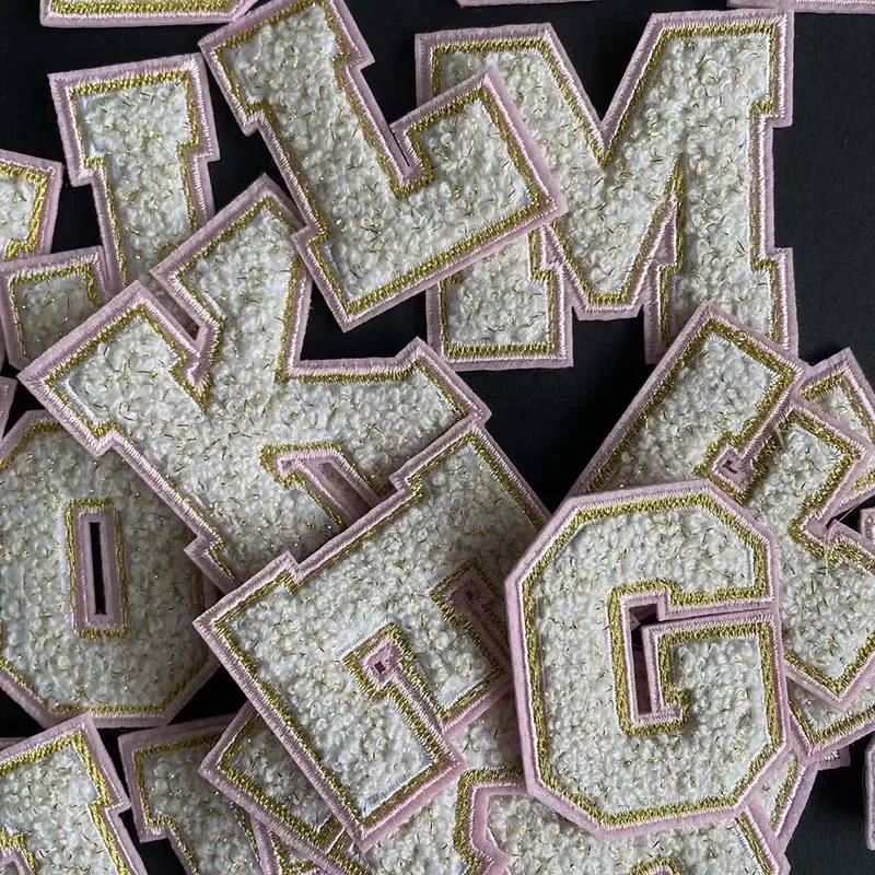 Letras del alfabeto A ~ Z, apliques de chenilla de 0 ~ 9 números, pegatinas blancas para planchar, bordado de toallas con parches de costura de hilo dorado - imagen 5