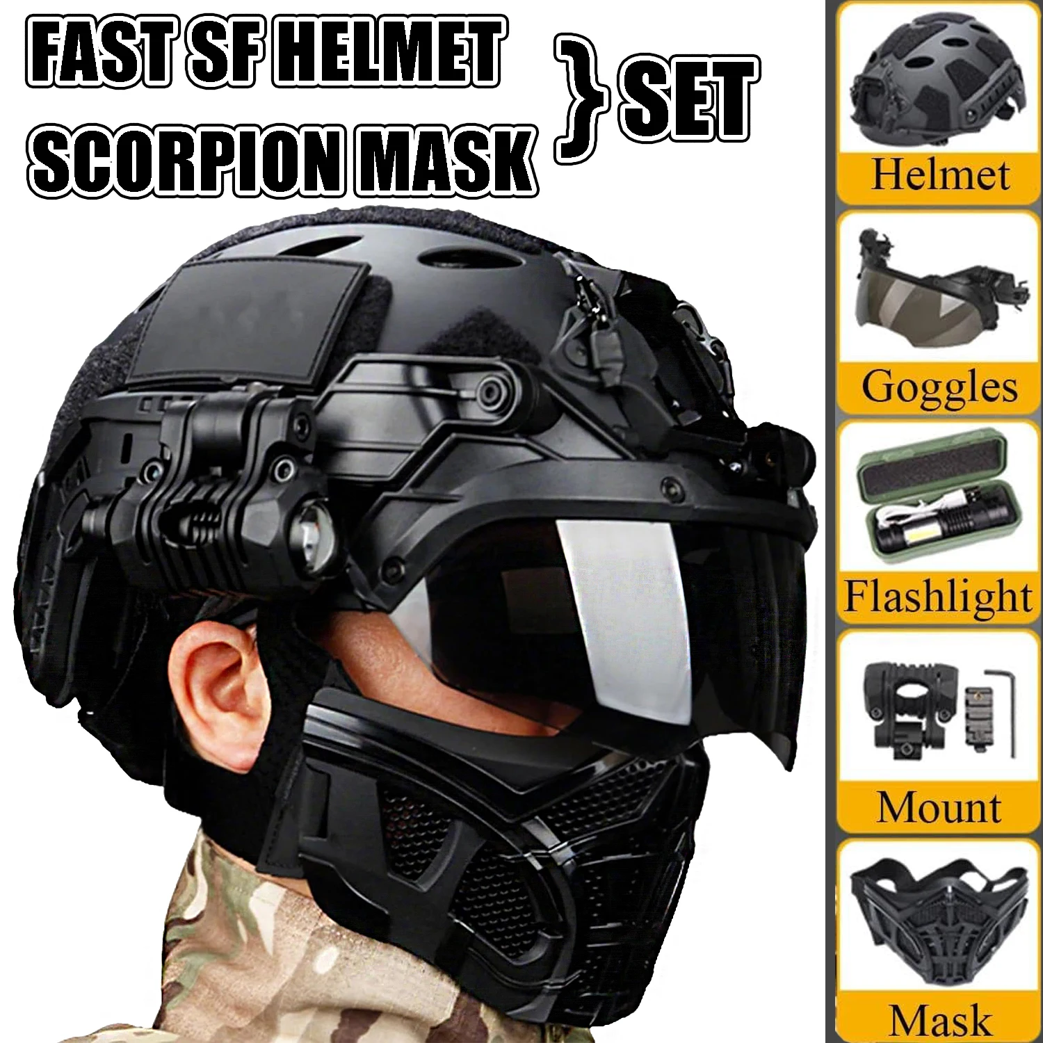 Juego de máscara táctica de casco FAST SF con máscara de malla de silicona de media cara Airsoft gafas abatibles para caza al aire libre Paintball Cosplay - imagen 2