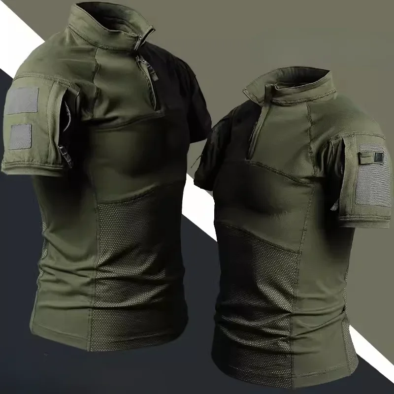 Camiseta táctica para hombre, camisetas de camuflaje para senderismo y caza, camisetas de combate Airsoft Paintball, ropa de trabajo elástica tejida con cremallera 1/4, camisetas de entrenamiento - imagen 2