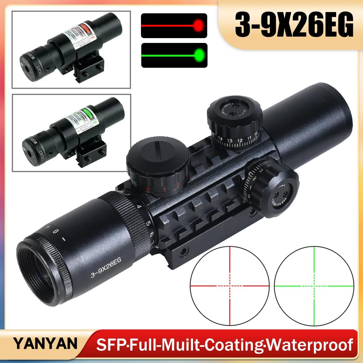 Combo táctico 3-9x26EG, mira óptica cruzada roja y verde y mira réflex láser para tiro de caza de largo alcance, montaje en riel de 11/20mm