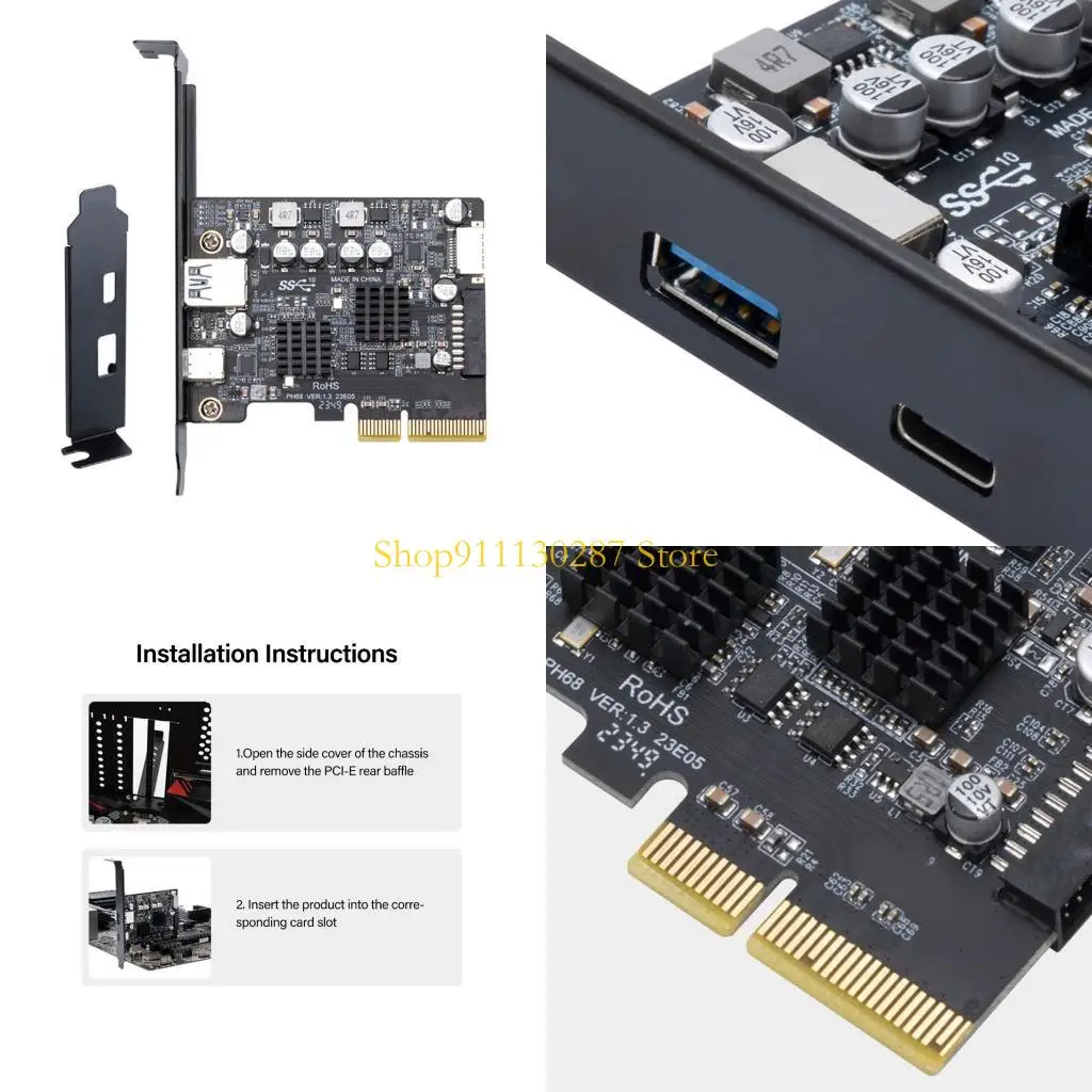 J1HC USB CARD PCIe Tipo C Tarjeta adaptador PCIe 4x a USB 3.2 Transferencia datos 10GBPS