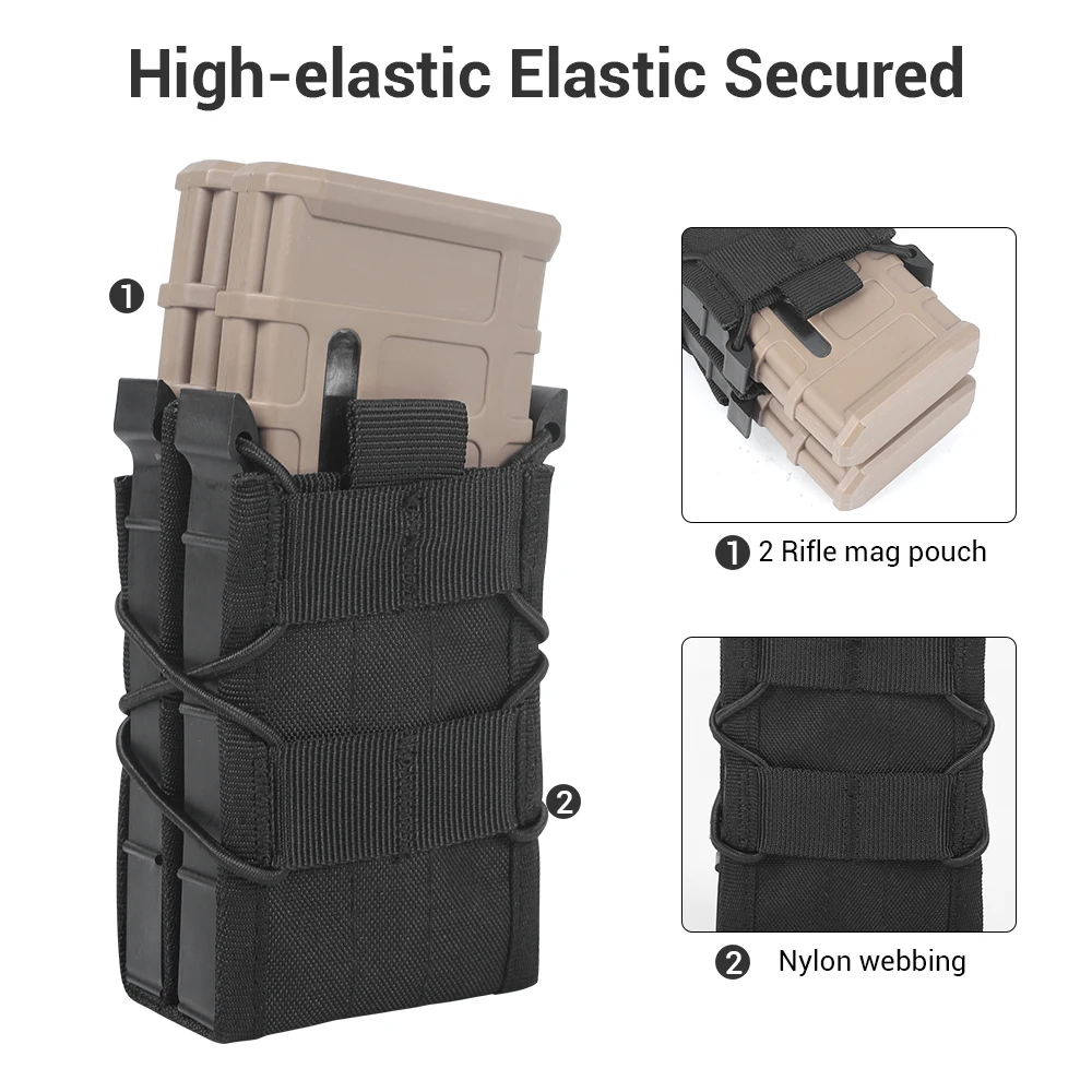 Bolsa táctica doble para revistas, soporte para mag 5,56, 7,62, soporte para munición Molle, M4 M16 HK416 AR15 G36 ARC PMAG, bolsillo suave táctico - imagen 2