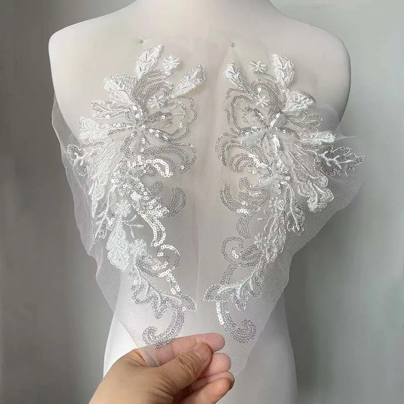 1 par, 29*15,5 CM 3d flor bordado de lentejuelas ropa apliques de encaje coser en parches, corpiño apliques de cuentas suministros de costura - imagen 5