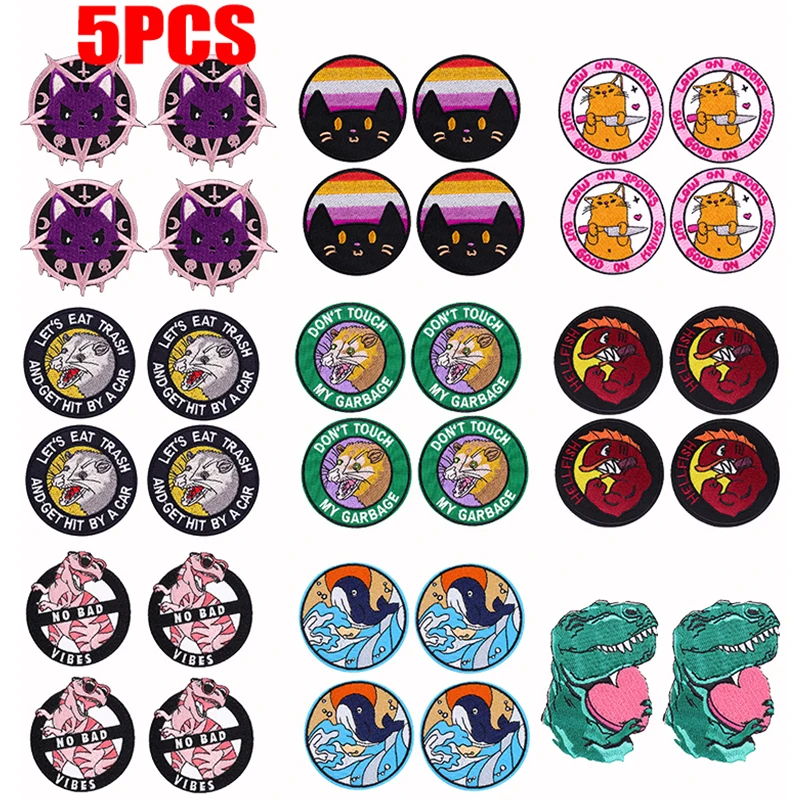 Parche de gato y dinosaurio, parches bordados de animales de dibujos animados para ropa, parches de hierro para ropa, chaquetas, mochila, insignias para coser, 5 uds.