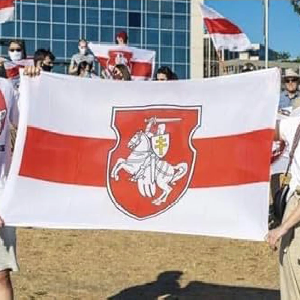 FLAGLINK Bandera de Caballero Blanco de Bielorrusia 90x150cm Poliéster Ensign bielorruso con escudo de armas Bandera para Decoración