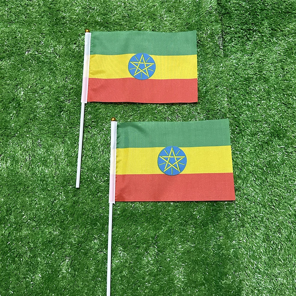 Bandera de esquí, bandera de mano de Etiopía, 10/20/50/100 Uds., 21x14cm, banderas onduladas a mano de Etiopía con poste de plástico para actividades deportivas, decoración del hogar - imagen 2