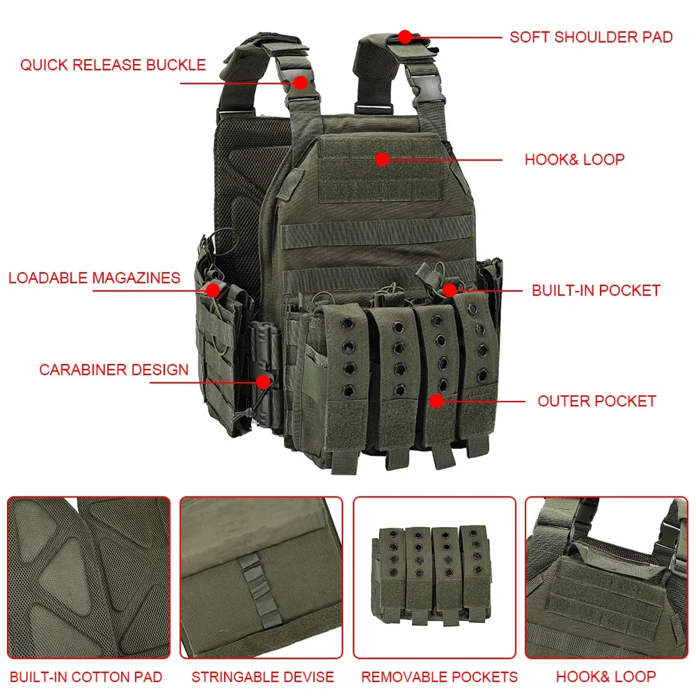 Chaleco táctico portador de placa de liberación rápida, chaleco Molle ajustable protector para caza al aire libre para caza Airsoft, combate de Paintball - imagen 4