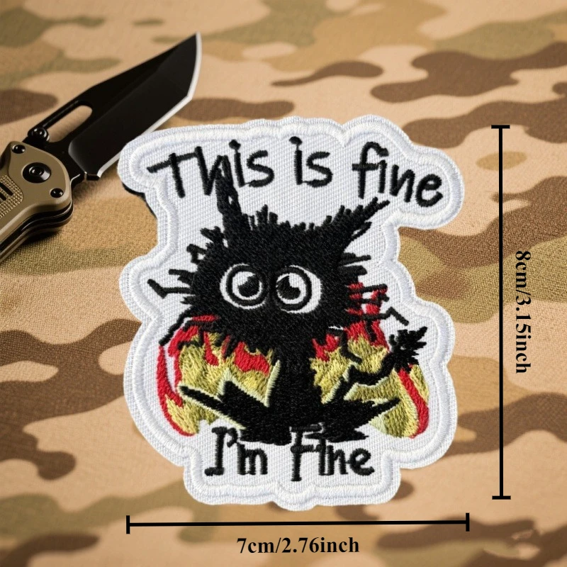 Parche bordado "This Is Fine I'm Fine", insignia táctica divertida de moral de gato, parche militar con gancho, ropa, mochila - imagen 3