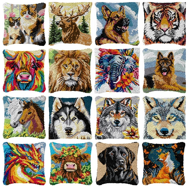 León, Tigre, Lobo, Animal, gancho de pestillo, cojín, funda de almohada, alfombra de ganchillo, bordado, almohada, Kit de gancho de pestillo, alfombra con nudo tejido DIY
