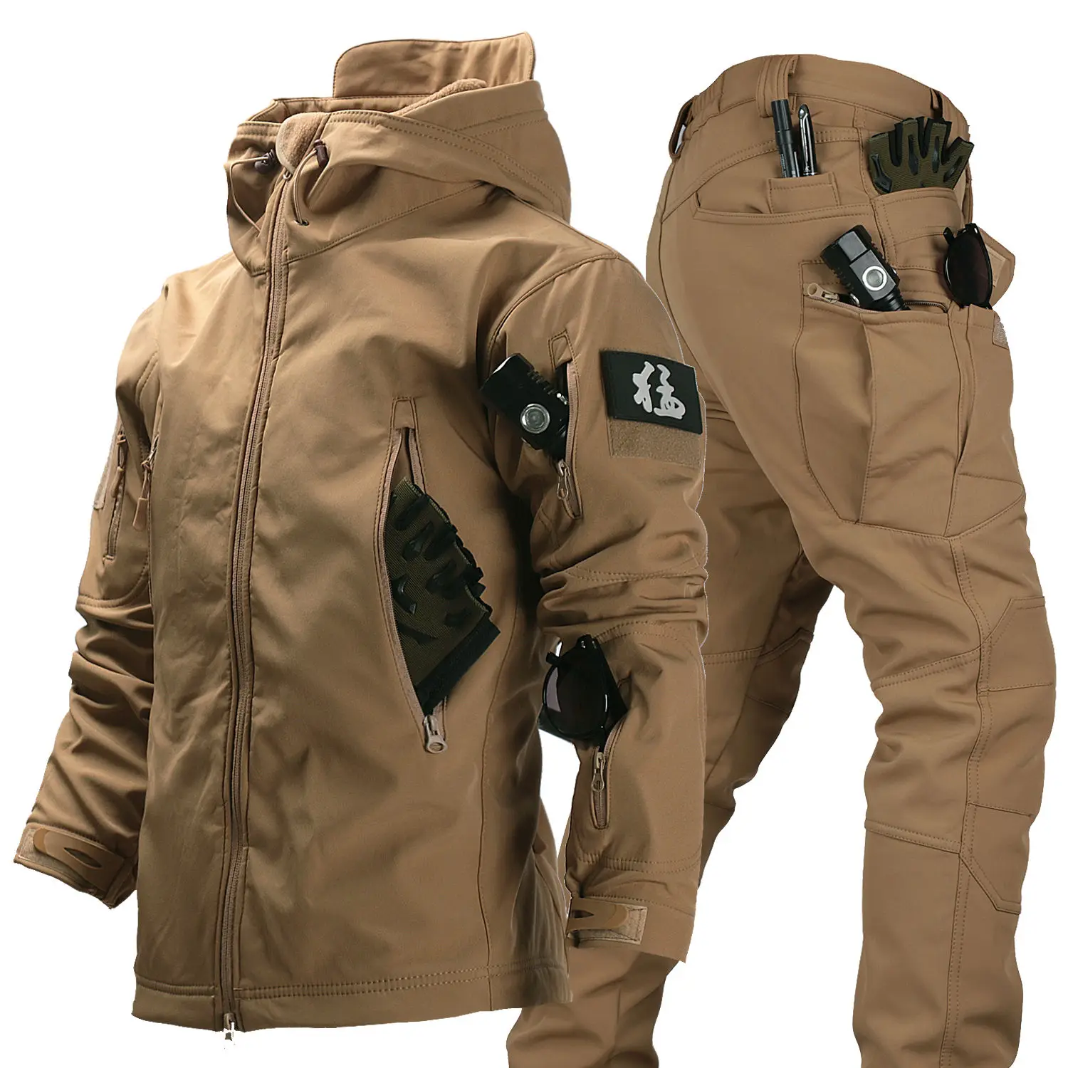 Conjuntos militares de concha suave para hombre, chaqueta con capucha multibolsillo y pantalones Cargo rectos del ejército, trajes de 2 piezas, conjunto táctico de lana para exteriores, Invierno - imagen 2