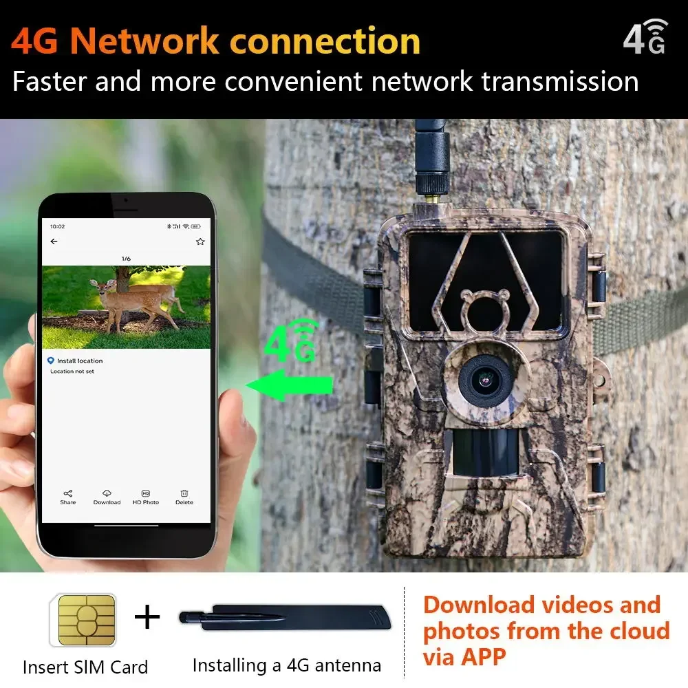 Cámara de rastreo 4G LIVE, Control por aplicación, visión nocturna IR, trampa de caza, cámara HD de 60MP 8K con tarjeta SIM, cámara móvil para vida silvestre - imagen 2